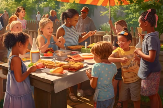 Children at back yard making barbecue and celebrating at sunny day. Neural network generated in May 2023. Not based on any actual person, scene or pattern.