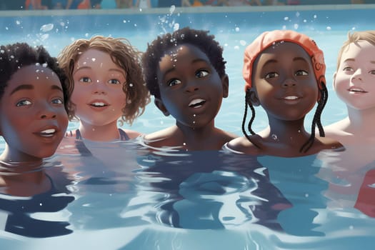 group surprised diverse chidren at swimming pool. Neural network generated in May 2023. Not based on any actual person, scene or pattern.