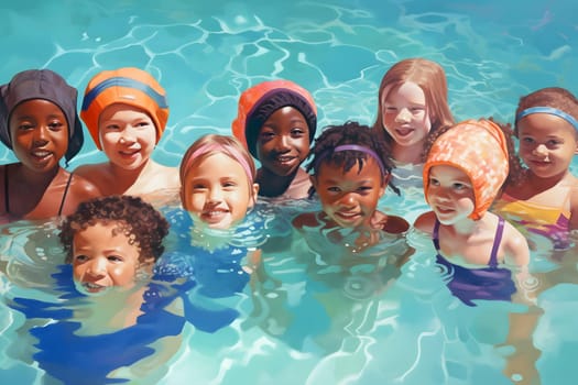 group diverse chidren at swimming pool. Neural network generated in May 2023. Not based on any actual person, scene or pattern.