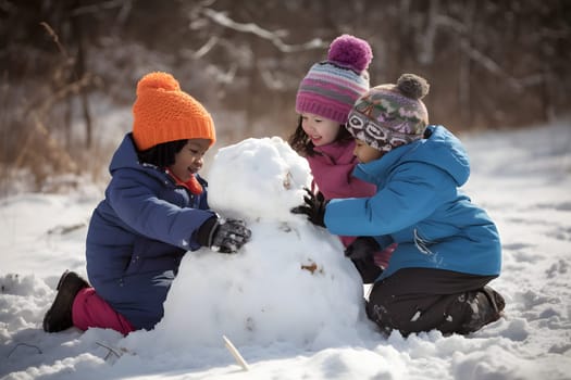 Children building snowman at winter day. Neural network generated in May 2023. Not based on any actual person, scene or pattern.