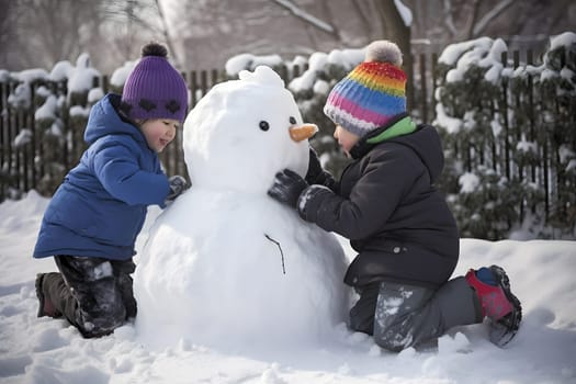 Children building snowman at winter day. Neural network generated in May 2023. Not based on any actual person, scene or pattern.