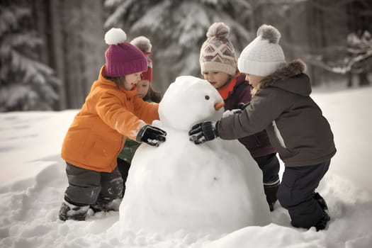 Children building snowman at winter day. Neural network generated in May 2023. Not based on any actual person, scene or pattern.