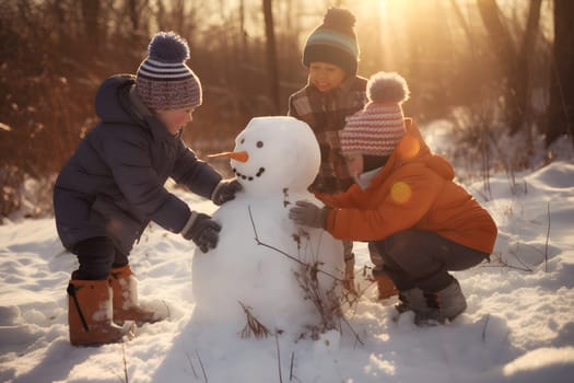 Children building snowman at winter day. Neural network generated in May 2023. Not based on any actual person, scene or pattern.