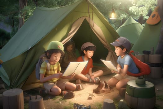 group of children camping outdoors near tent camp. Neural network generated in May 2023. Not based on any actual person, scene or pattern.