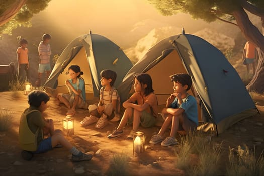 group of children camping outdoors near tent camp. Neural network generated in May 2023. Not based on any actual person, scene or pattern.