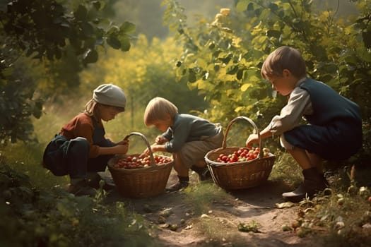 Children picking fruits in garden at sunny day. Neural network generated in May 2023. Not based on any actual person, scene or pattern.