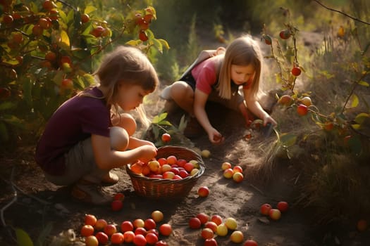 Children picking fruits in garden at sunny day. Neural network generated in May 2023. Not based on any actual person, scene or pattern.