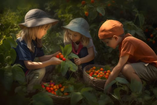 Children picking fruits in garden at sunny day. Neural network generated in May 2023. Not based on any actual person, scene or pattern.