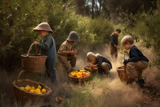 Children picking fruits in garden at sunny day. Neural network generated in May 2023. Not based on any actual person, scene or pattern.