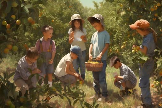 Children picking fruits in garden at sunny day. Neural network generated in May 2023. Not based on any actual person, scene or pattern.