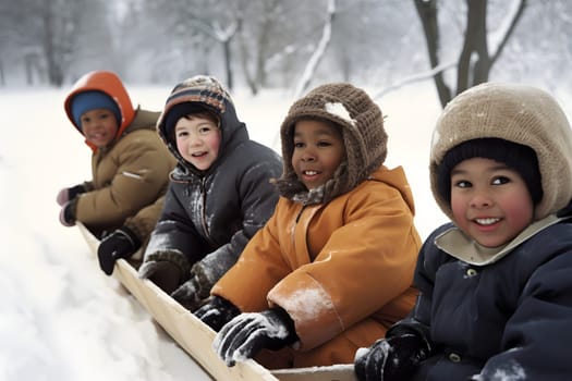 diverse children sledding at winter day. Neural network generated in May 2023. Not based on any actual person, scene or pattern.
