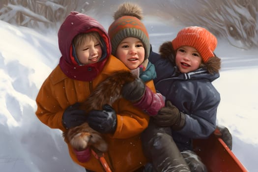 caucasian children sledding at winter day. Neural network generated in May 2023. Not based on any actual person, scene or pattern.