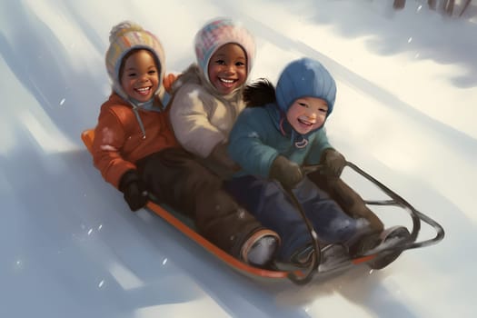 diverse children sledding at winter day. Neural network generated in May 2023. Not based on any actual person, scene or pattern.