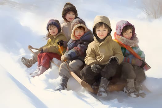 Children sledding at winter day. Neural network generated in May 2023. Not based on any actual person, scene or pattern.