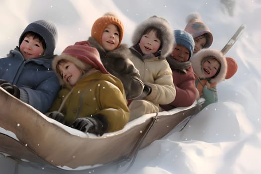 diverse children sledding at winter day. Neural network generated in May 2023. Not based on any actual person, scene or pattern.