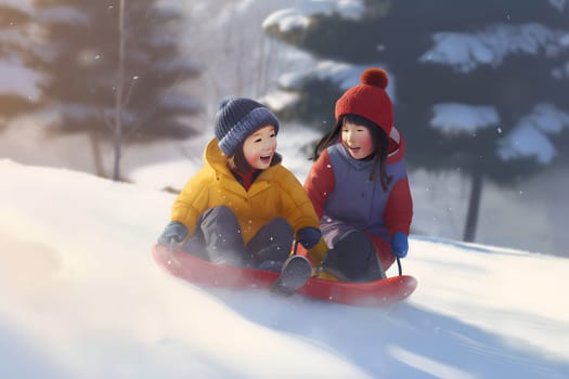 asian children sledding at winter day. Neural network generated in May 2023. Not based on any actual person, scene or pattern.