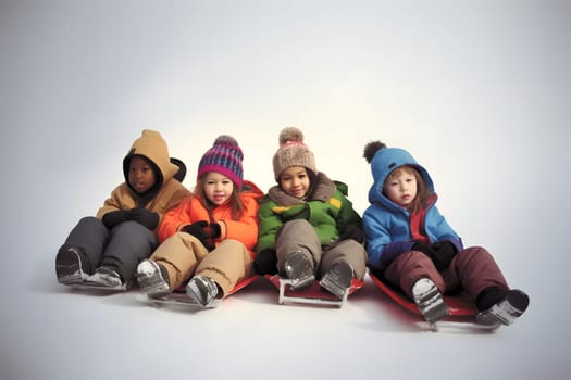 diverse children sledding at winter day. Neural network generated in May 2023. Not based on any actual person, scene or pattern.