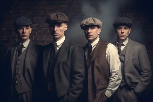 group of 1920s european gangster style men, neural network generated art. Digitally generated image. Not based on any actual person, scene or pattern.