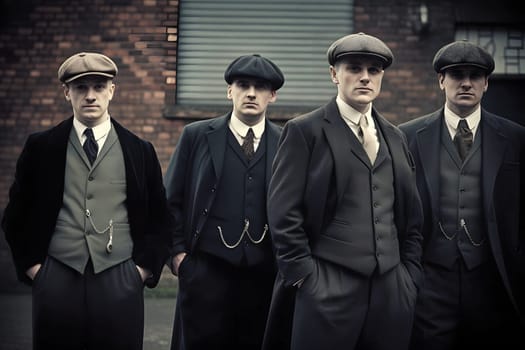 group of 1920s european gangster style men, neural network generated art. Digitally generated image. Not based on any actual person, scene or pattern.
