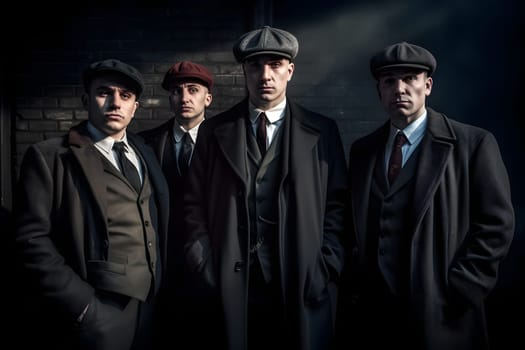 group of 1920s european gangster style men. Neural network generated in May 2023. Not based on any actual person, scene or pattern.