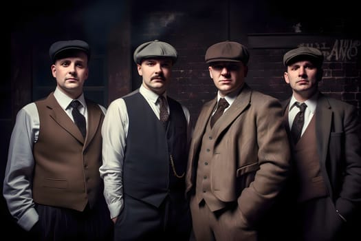 group of 1920s european gangster style men. Neural network generated in May 2023. Not based on any actual person, scene or pattern.
