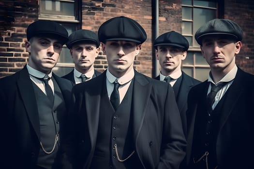 group of 1920s european gangster style men. Neural network generated in May 2023. Not based on any actual person, scene or pattern.