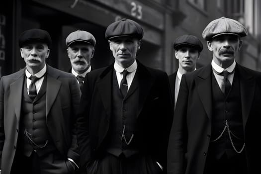 group of 1920s european gangster style men. Neural network generated in May 2023. Not based on any actual person, scene or pattern.