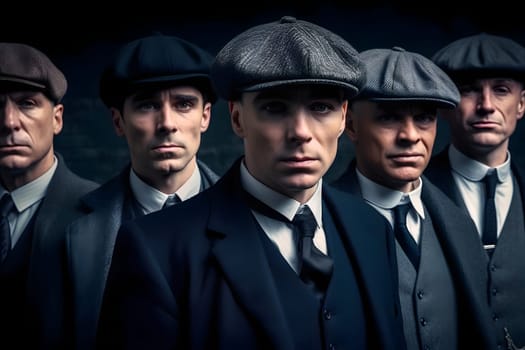 group of 1920s european gangster style men. Neural network generated in May 2023. Not based on any actual person, scene or pattern.