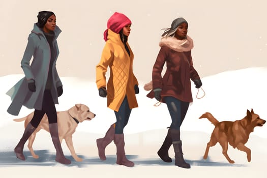 african american women walking dog at winter, neural network generated art. Digitally generated image. Not based on any actual person, scene or pattern.