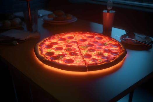 glowing neon pizza on table, neural network generated art. Digitally generated image. Not based on any actual person, scene or pattern.