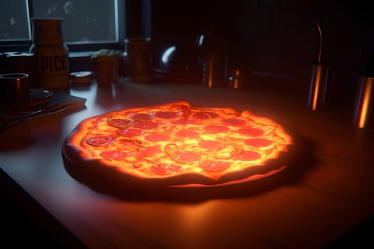 glowing neon pizza on table. Neural network generated in May 2023. Not based on any actual person, scene or pattern.