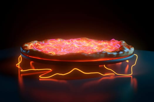 glowing neon pizza on table. Neural network generated in May 2023. Not based on any actual person, scene or pattern.