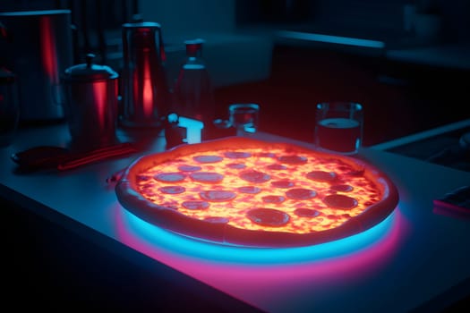 glowing neon pizza on table. Neural network generated in May 2023. Not based on any actual person, scene or pattern.