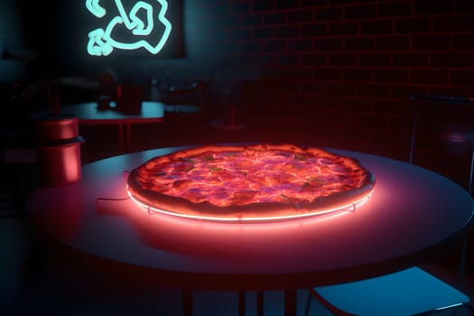 glowing neon pizza on table. Neural network generated in May 2023. Not based on any actual person, scene or pattern.