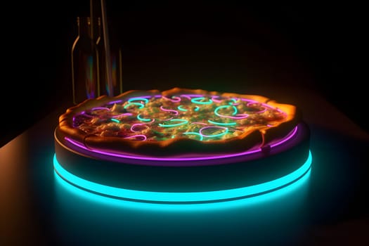 glowing neon pizza on table. Neural network generated in May 2023. Not based on any actual person, scene or pattern.
