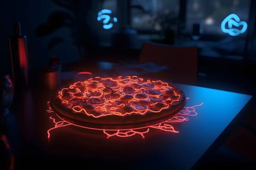 glowing neon pizza on table. Neural network generated in May 2023. Not based on any actual person, scene or pattern.
