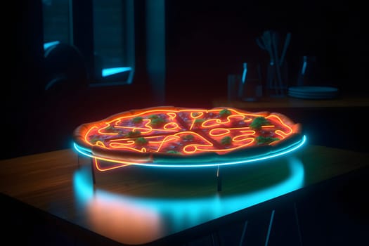 glowing neon pizza on table. Neural network generated in May 2023. Not based on any actual person, scene or pattern.