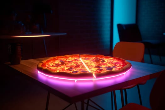 glowing neon pizza on table. Neural network generated in May 2023. Not based on any actual person, scene or pattern.