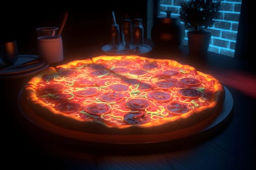 glowing neon pizza on table. Neural network generated in May 2023. Not based on any actual person, scene or pattern.