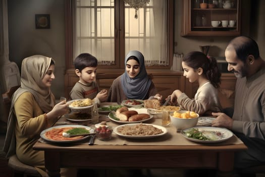 middle eastern family domestic dinner, neural network generated art. Digitally generated image. Not based on any actual person, scene or pattern.