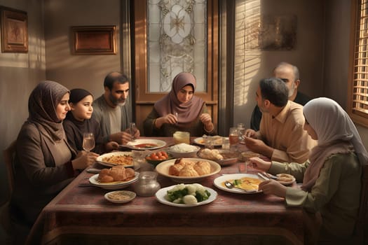 middle eastern family domestic dinner. Neural network generated in May 2023. Not based on any actual person, scene or pattern.