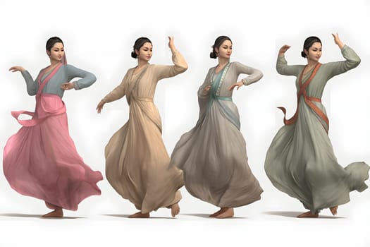 Women in full-length sleeves doing dance. Neural network generated in May 2023. Not based on any actual person, scene or pattern.