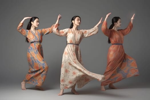 Women in full-length sleeves doing dance. Neural network generated in May 2023. Not based on any actual person, scene or pattern.
