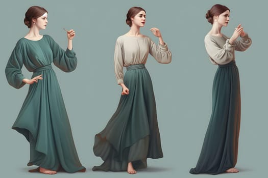 three white skin brown-haired women in full-length sleeves and long dress making drama. Neural network generated in May 2023. Not based on any actual person, scene or pattern.