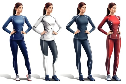 Set of women in full-lenght long sleeves sports uniform. Neural network generated in May 2023. Not based on any actual person, scene or pattern.
