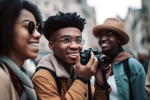 smiling african american tourists, close group portrait. Neural network generated in May 2023. Not based on any actual person, scene or pattern.