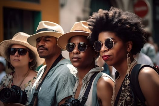 smiling african american tourists, close group portrait. Neural network generated in May 2023. Not based on any actual person, scene or pattern.