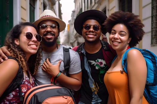 smiling african american tourists, close group portrait. Neural network generated in May 2023. Not based on any actual person, scene or pattern.