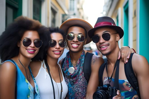 smiling african american tourists, close group portrait. Neural network generated in May 2023. Not based on any actual person, scene or pattern.