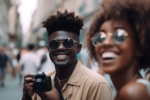 smiling african american tourists, close group portrait. Neural network generated in May 2023. Not based on any actual person, scene or pattern.